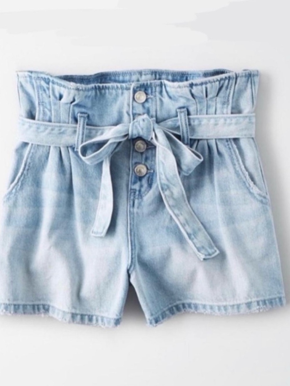 American Eagle Outfitters Light Blue High-Waist Paperbag Denim Shorts with Belt